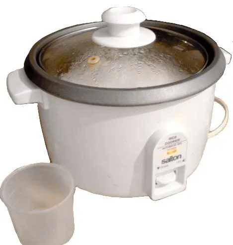 A simple electric rice cooker with its lid open