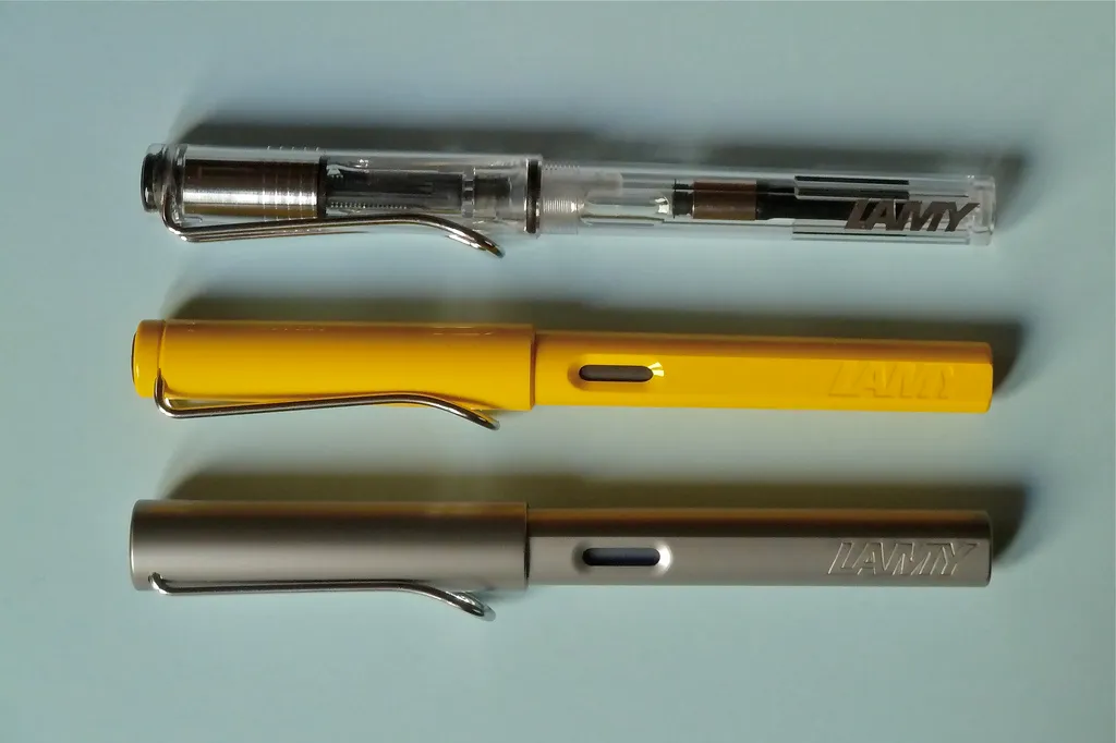 Lamy Vista, Safari and AL-star pens together showing the shared design