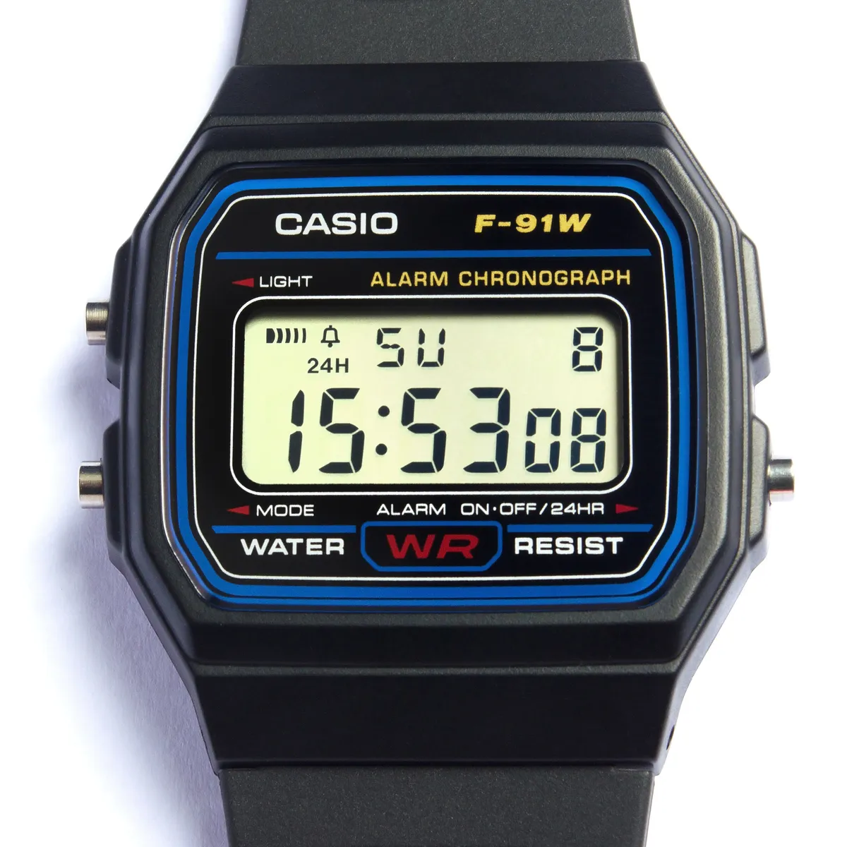 Close-up of the Casio F-91W display showing the time