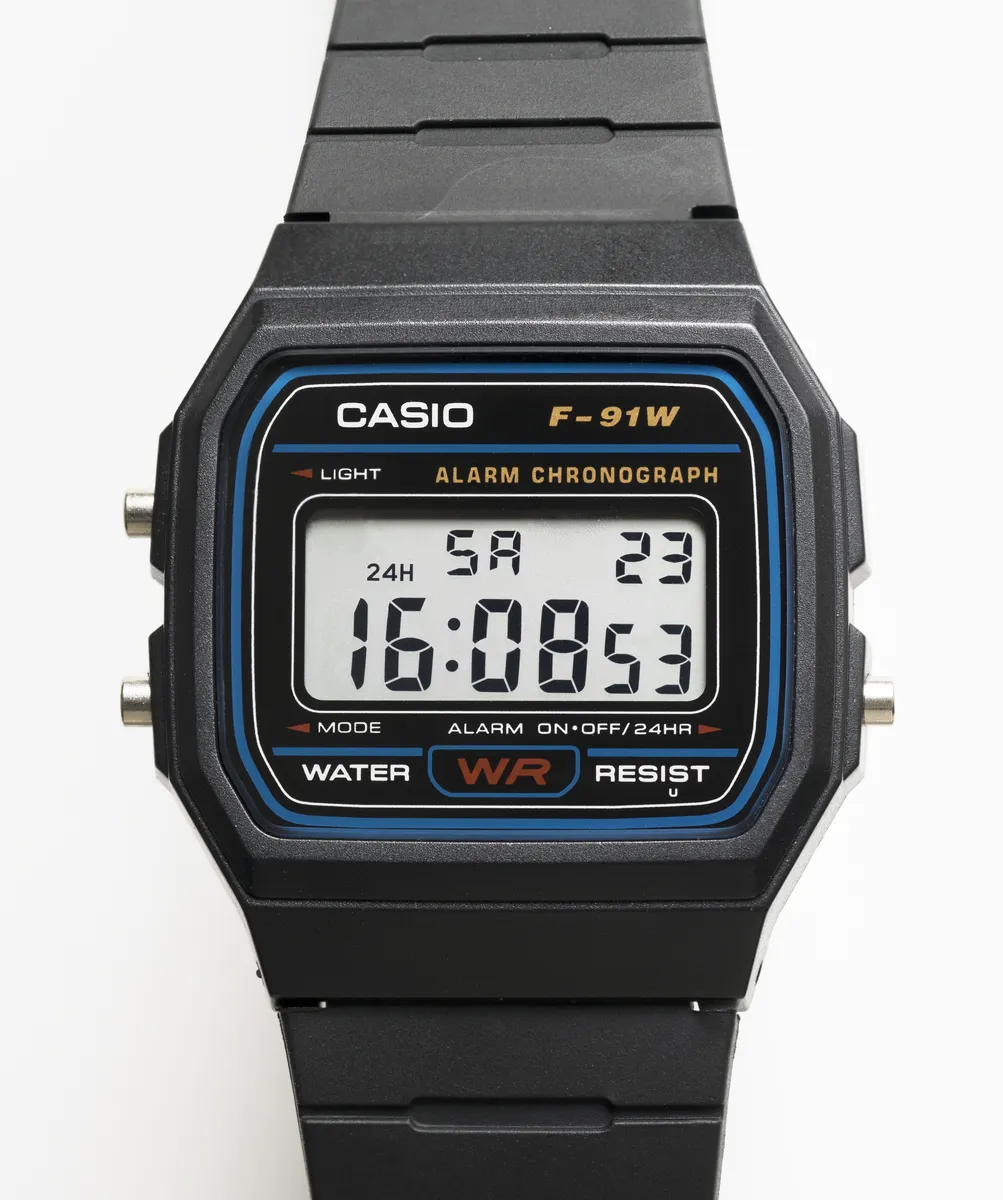 A counterfeit Casio F-91W, illustrating how closely fakes copy the design