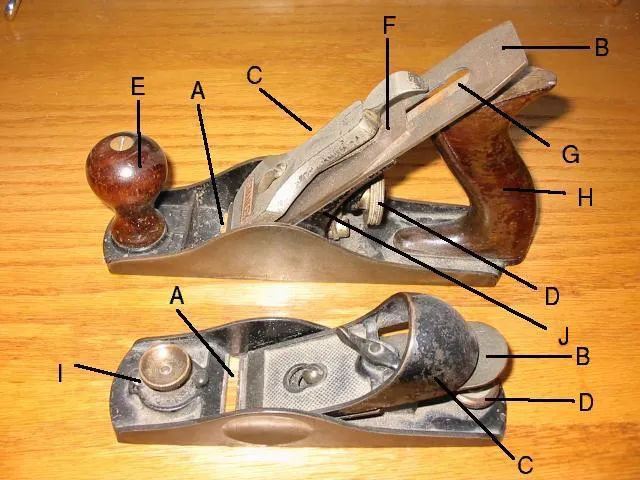 Exploded view of a metal bench plane showing blade, chipbreaker, frog and depth adjuster