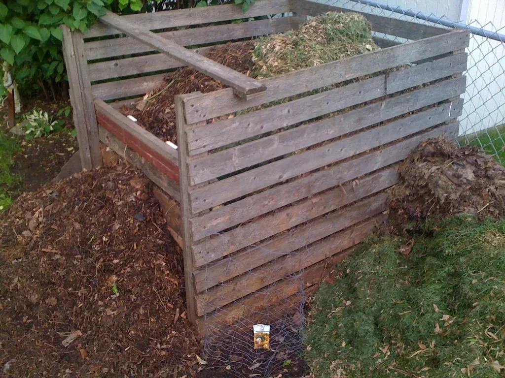 A wooden compost bay, cheaper and hotter but shorter-lived than plastic