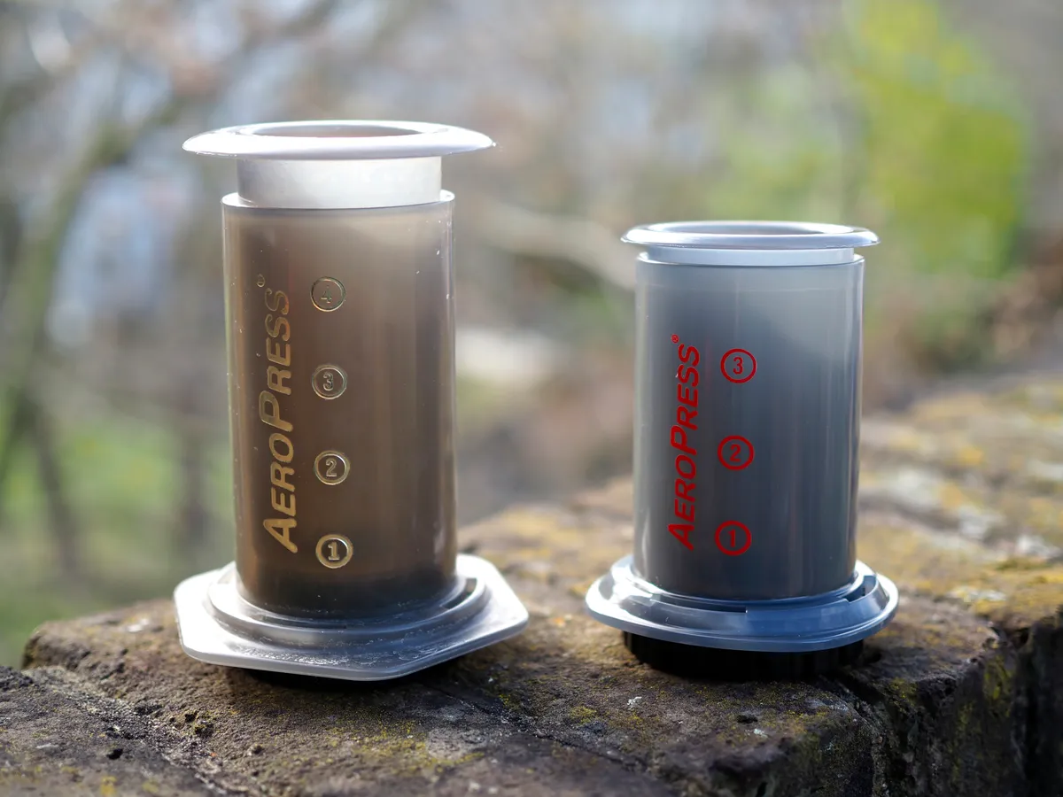 The original AeroPress alongside the more compact AeroPress Go