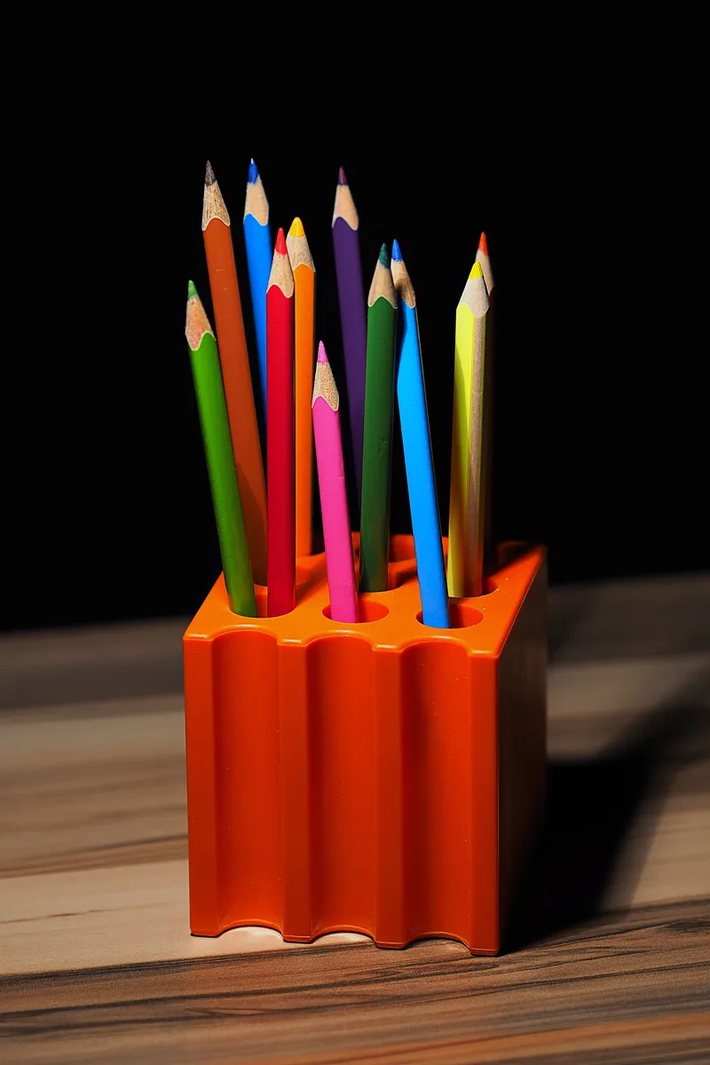 Coloured pencils standing upright in a holder