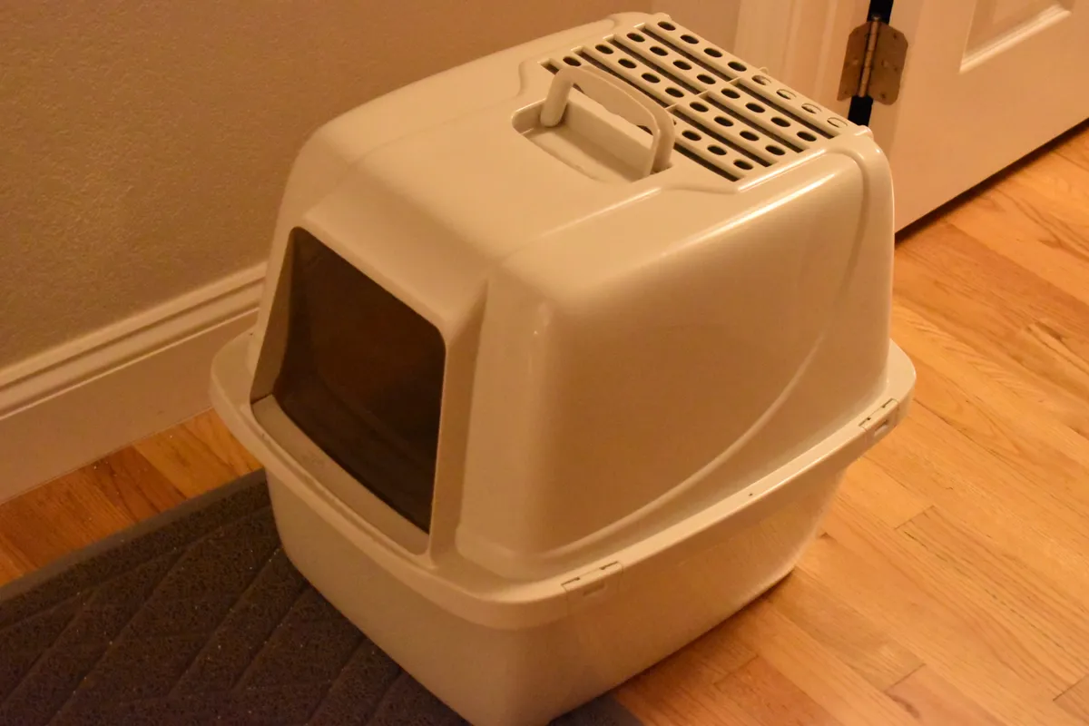 A traditional open litter tray, shown for comparison against automated designs