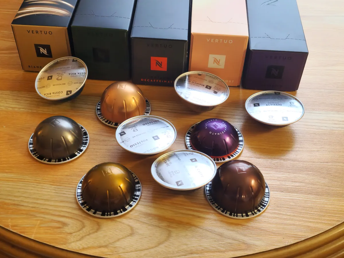 Assorted Nespresso Vertuo coffee capsules arranged together