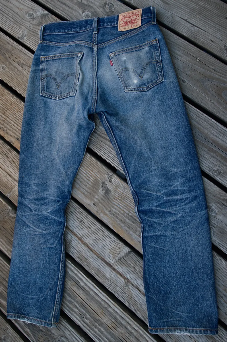 Close-up of Levi's 501 raw denim fabric texture before washing