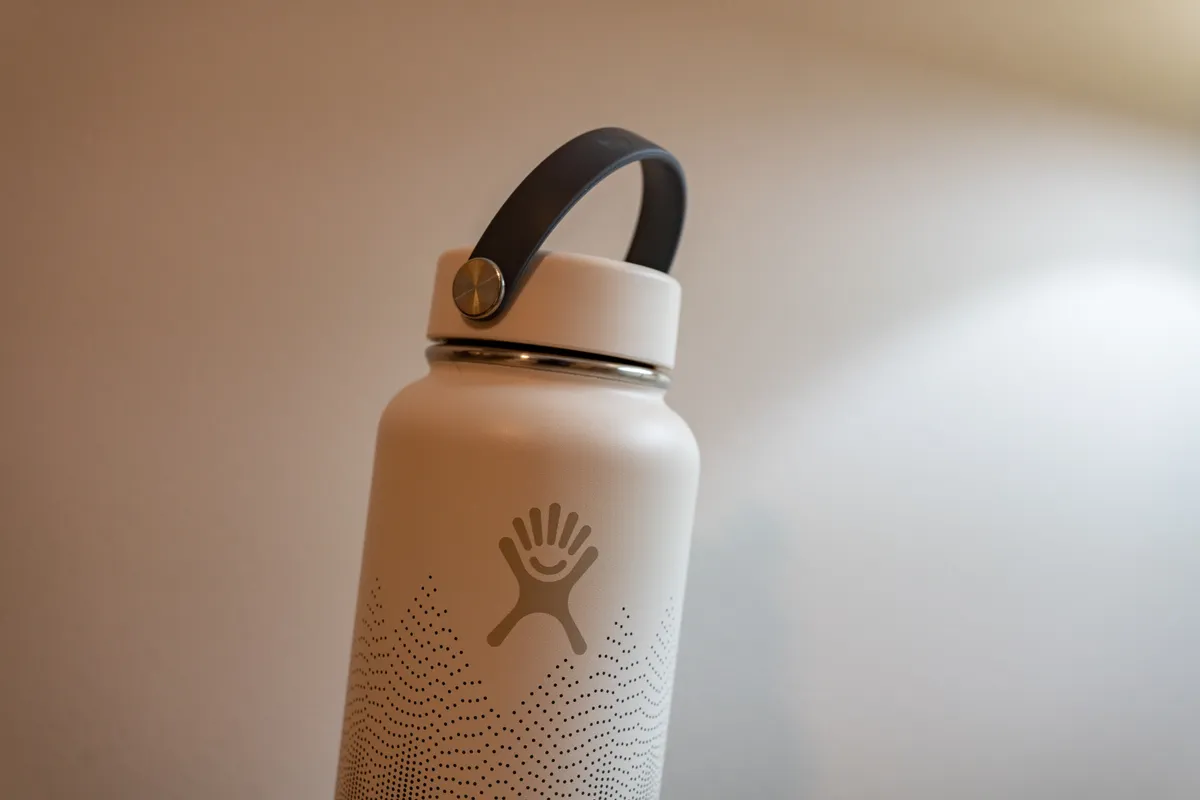 Hydro Flask bottle with a coloured powder coat finish on a table