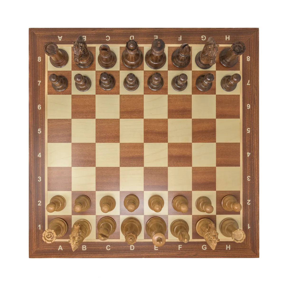 Top view of a Staunton chess set showing piece spacing on the squares